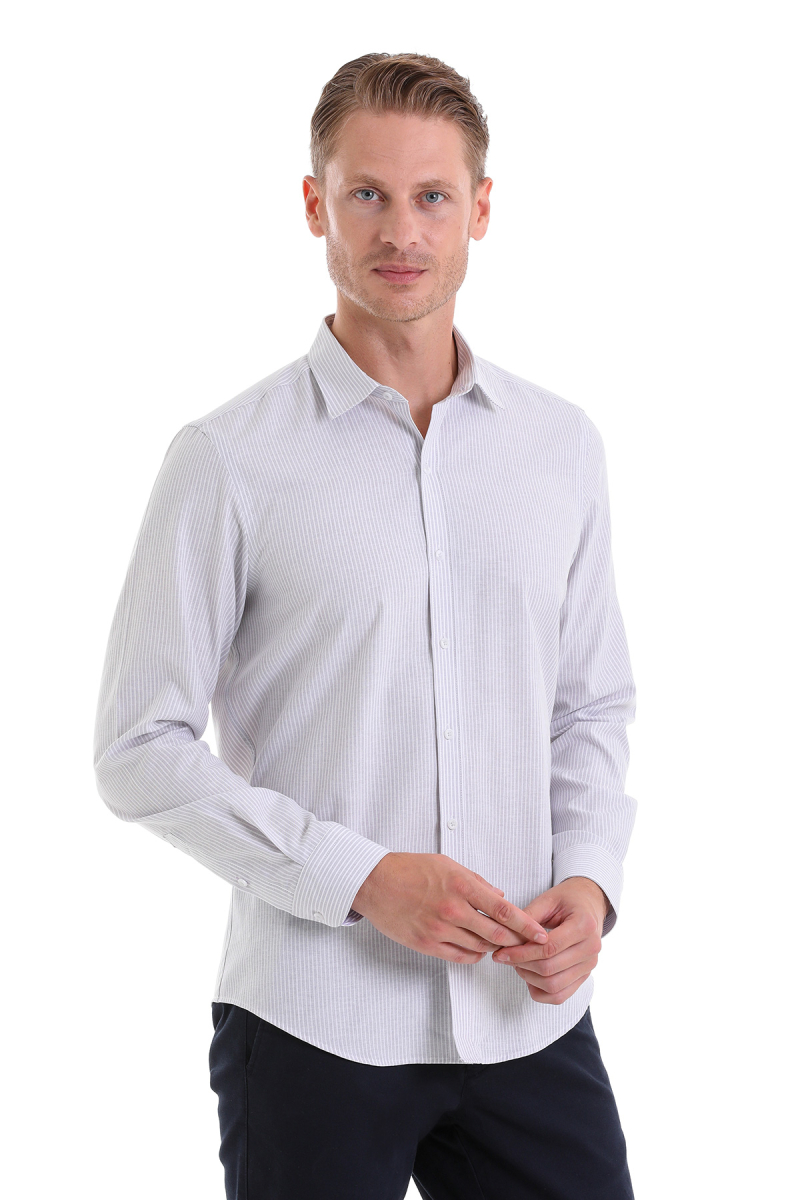 Gri Comfort Fit Çizgili Pamuklu Slim Yaka Uzun Kollu Spor Gömlek - Hatemoğlu (1)