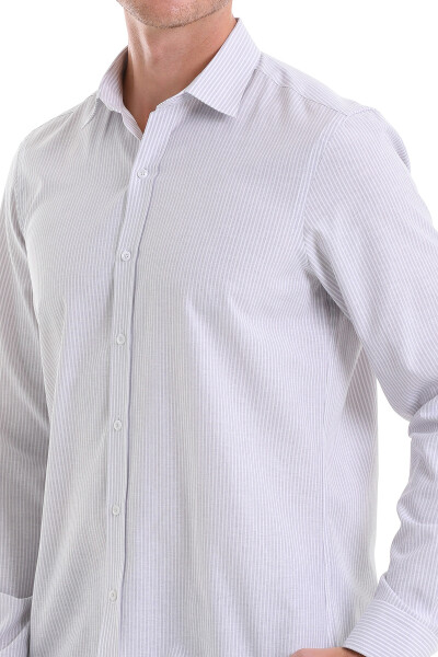Gri Comfort Fit Çizgili Pamuklu Slim Yaka Uzun Kollu Spor Gömlek - 5