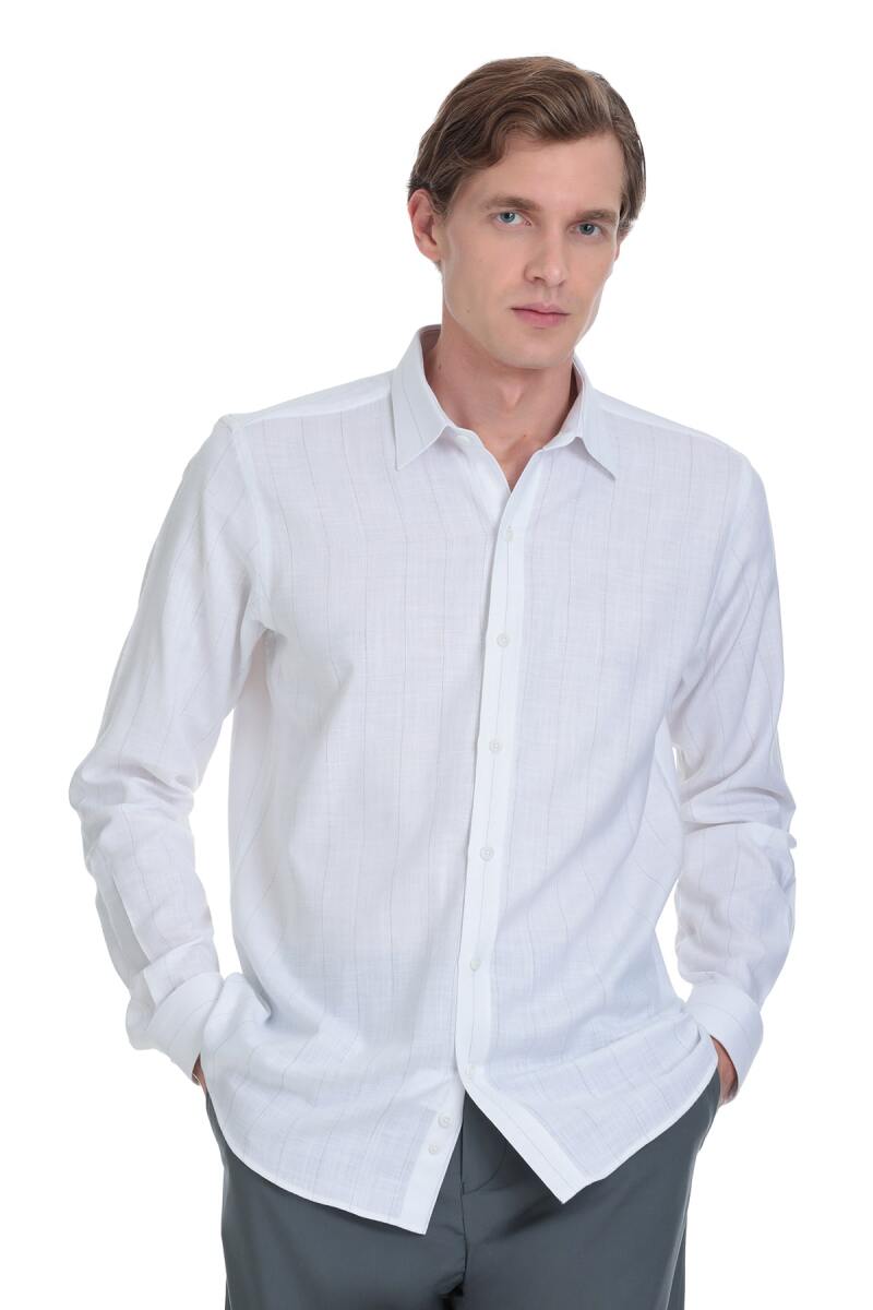 Gri Comfort Fit Çizgili Slim Yaka 100% Pamuk Uzun Kollu Spor Gömlek - Saykı