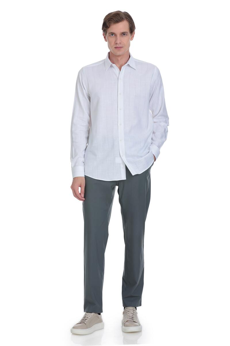 Gri Comfort Fit Çizgili Slim Yaka 100% Pamuk Uzun Kollu Spor Gömlek - Saykı (1)