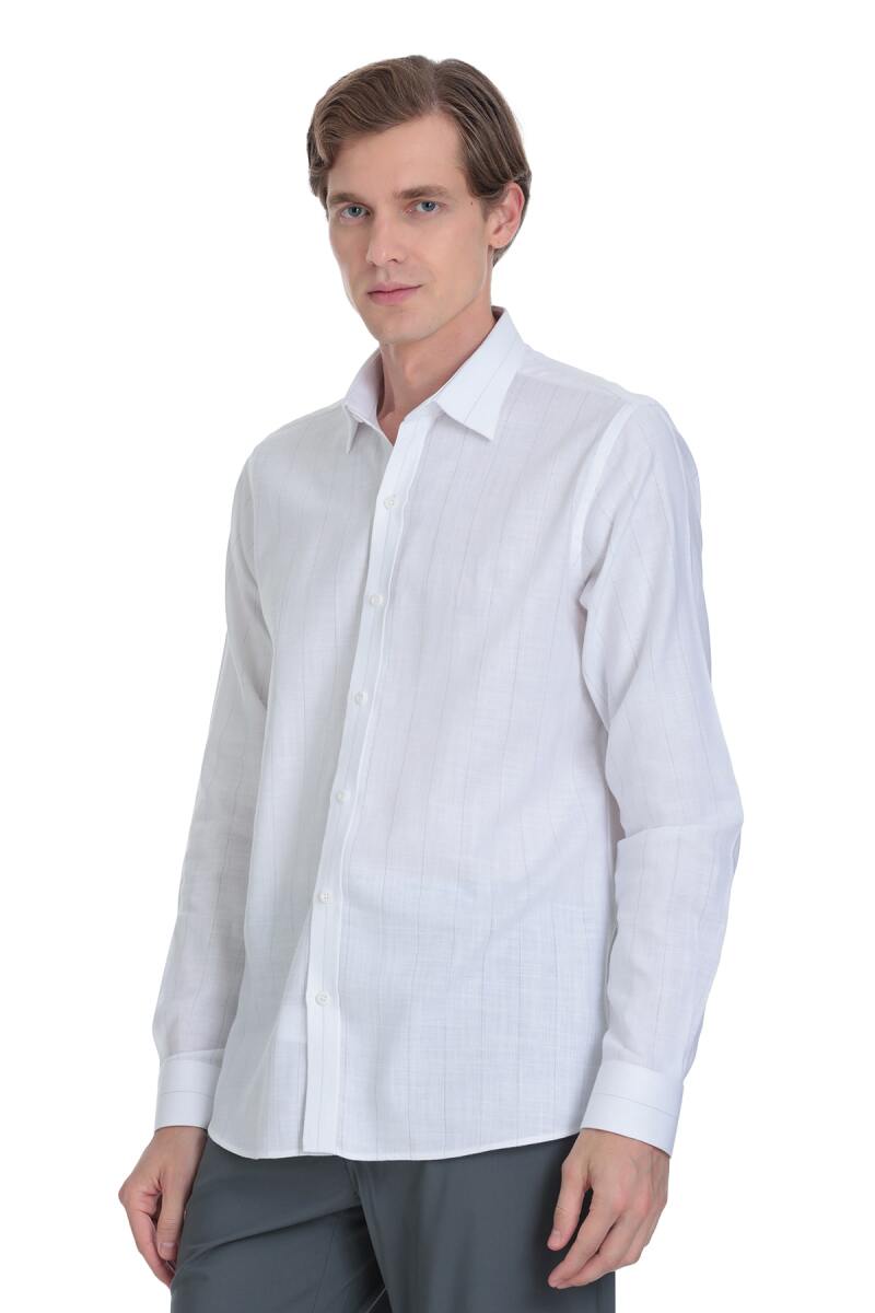 Gri Comfort Fit Çizgili Slim Yaka 100% Pamuk Uzun Kollu Spor Gömlek - Saykı (1)