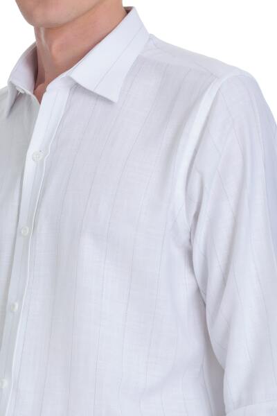 Gri Comfort Fit Çizgili Slim Yaka 100% Pamuk Uzun Kollu Spor Gömlek - 5