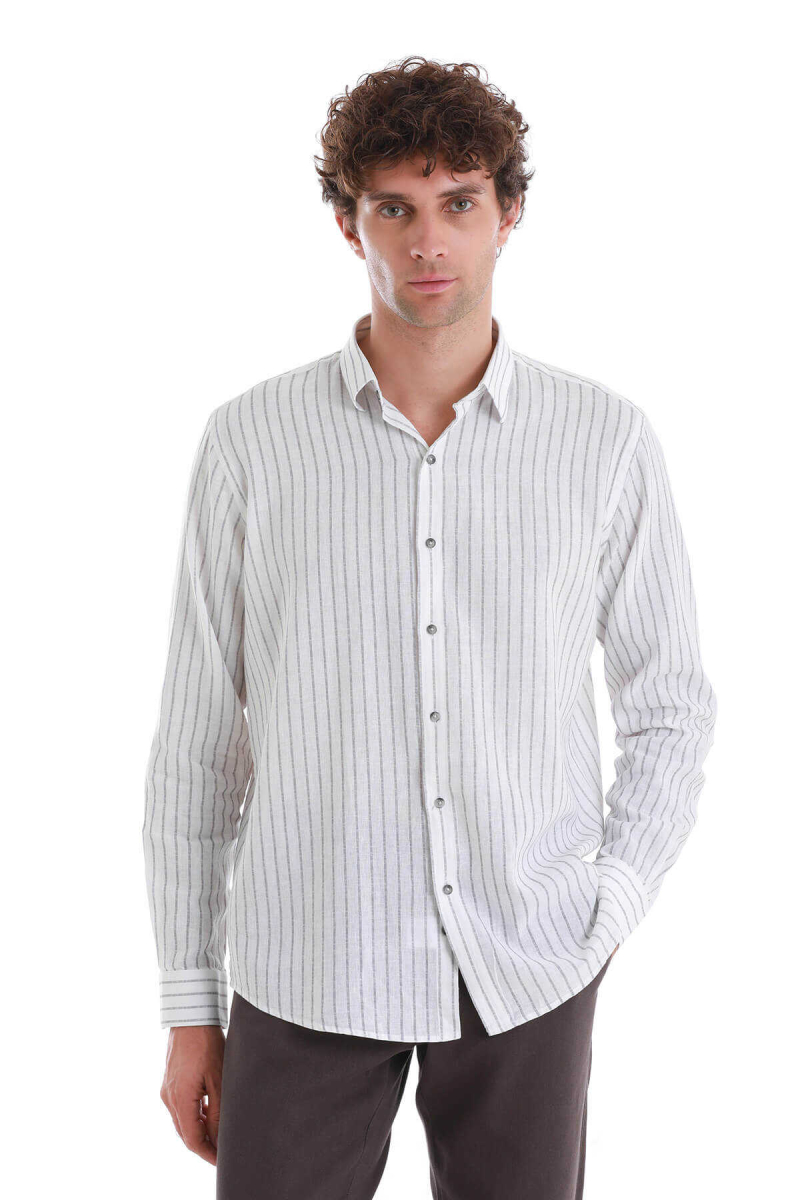 Gri Comfort Fit Çizgili Slim Yaka Uzun Kollu Keten Gömlek - Hatem Saykı