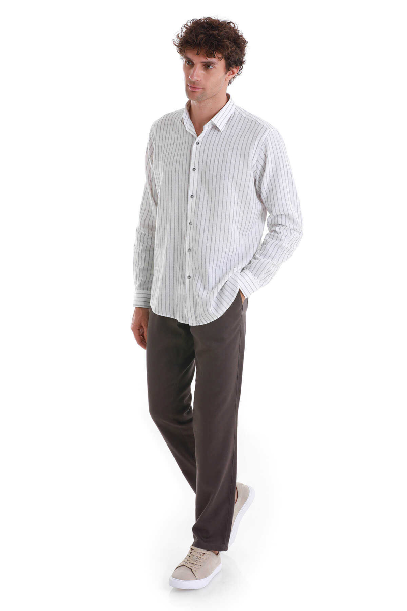 Gri Comfort Fit Çizgili Slim Yaka Uzun Kollu Keten Gömlek - Hatem Saykı (1)