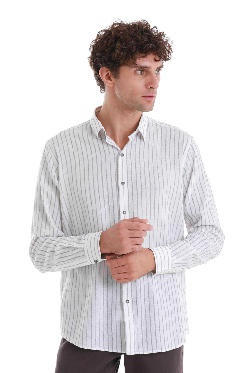 Gri Comfort Fit Çizgili Slim Yaka Uzun Kollu Keten Gömlek - Hatem Saykı (1)