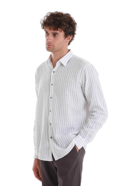 Gri Comfort Fit Çizgili Slim Yaka Uzun Kollu Keten Gömlek - 4
