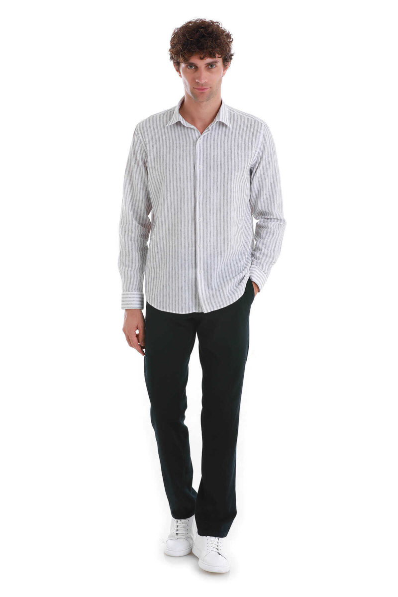 Gri Comfort Fit Çizgili Slim Yaka Uzun Kollu Keten Gömlek - Hatem Saykı (1)
