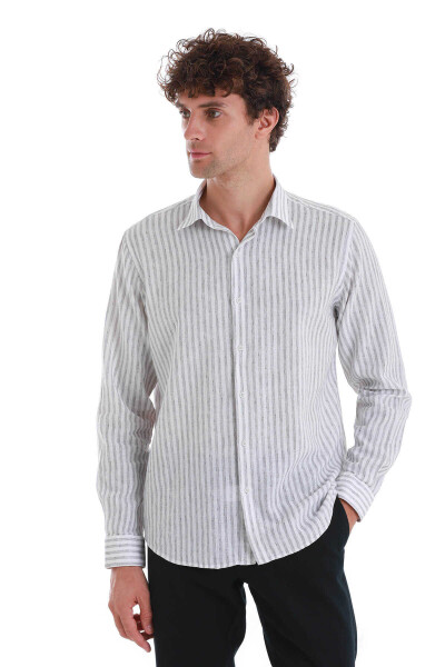 Gri Comfort Fit Çizgili Slim Yaka Uzun Kollu Keten Gömlek - 3