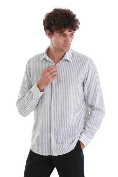 Gri Comfort Fit Çizgili Slim Yaka Uzun Kollu Keten Gömlek - 4