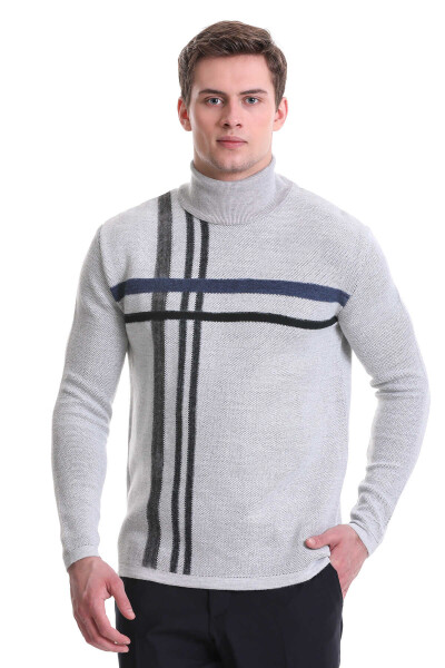 Gri Comfort Fit Desenli Balıkçı Yaka Yünlü Triko Kazak - 2