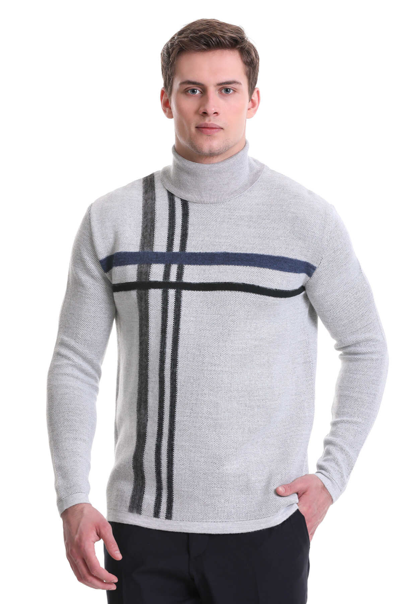 Gri Comfort Fit Desenli Balıkçı Yaka Yünlü Triko Kazak - Hatem Saykı (1)