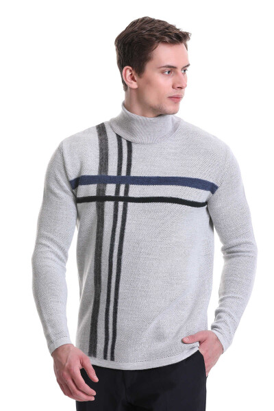 Gri Comfort Fit Desenli Balıkçı Yaka Yünlü Triko Kazak - 3