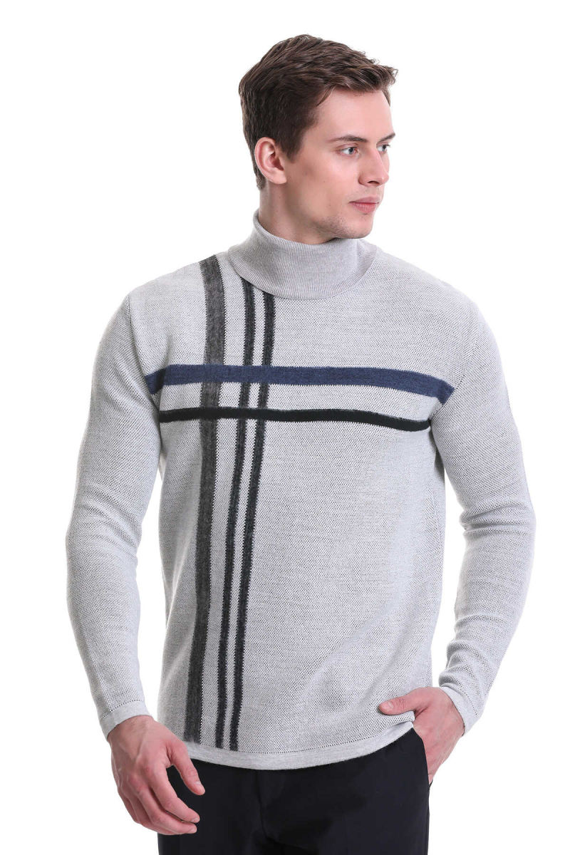 Gri Comfort Fit Desenli Balıkçı Yaka Yünlü Triko Kazak - Hatem Saykı (1)