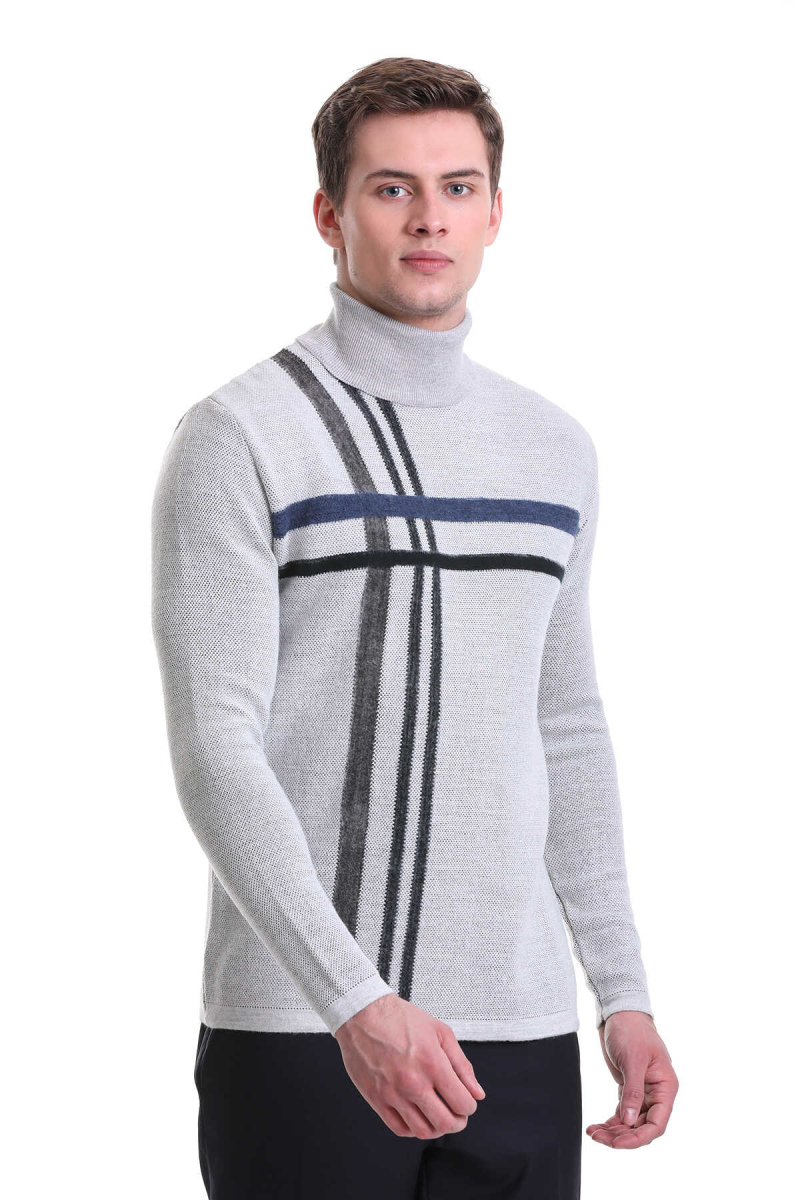 Gri Comfort Fit Desenli Balıkçı Yaka Yünlü Triko Kazak - Hatem Saykı (1)