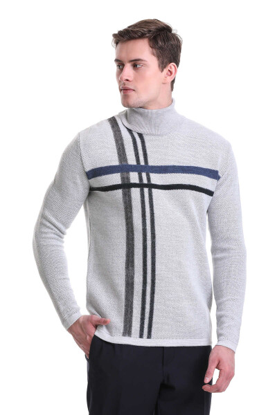 Gri Comfort Fit Desenli Balıkçı Yaka Yünlü Triko Kazak - 5