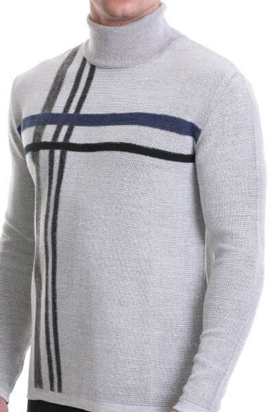 Gri Comfort Fit Desenli Balıkçı Yaka Yünlü Triko Kazak - 6