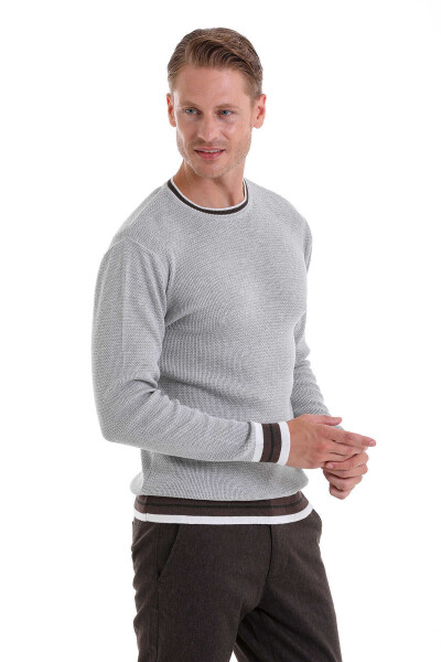 Gri Comfort Fit Pamuklu Bisiklet Yaka Casual Triko Kazak - 3