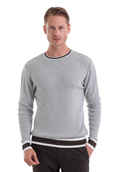 Gri Comfort Fit Pamuklu Bisiklet Yaka Casual Triko Kazak - 4