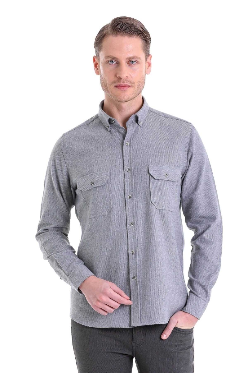 Gri Comfort Fit Düğmeli Yaka Uzun Kollu Casual Flanel Gömlek - HTML (1)