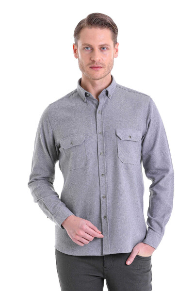 Gri Comfort Fit Düğmeli Yaka Uzun Kollu Casual Flanel Gömlek - 1