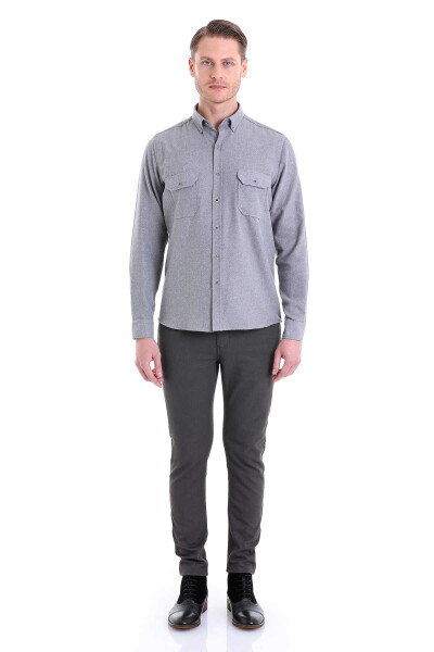 Gri Comfort Fit Düğmeli Yaka Uzun Kollu Casual Flanel Gömlek - 2