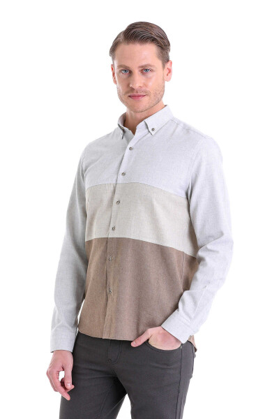 Gri Comfort Fit Düğmeli Yaka Uzun Kollu Casual Flanel Gömlek - 1