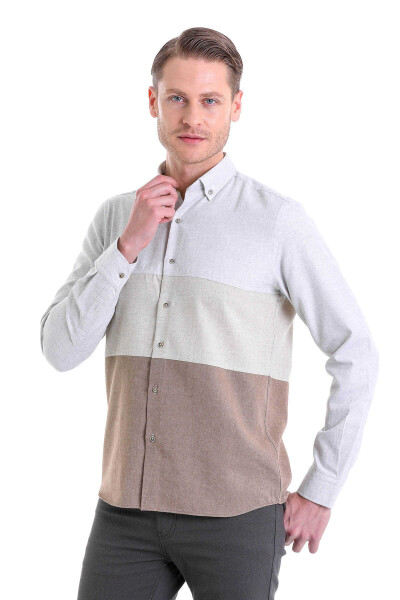 Gri Comfort Fit Düğmeli Yaka Uzun Kollu Casual Flanel Gömlek - 3