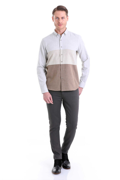 Gri Comfort Fit Düğmeli Yaka Uzun Kollu Casual Flanel Gömlek - 4