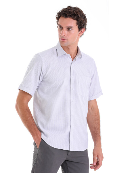 Gri Comfort Fit Kareli Pamuklu Slim Yaka Kısa Kol Klasik Gömlek - 2