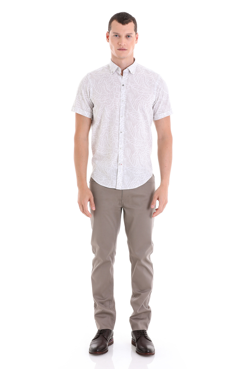 Gri Comfort Fit Baskılı Düğmeli Yaka 100% Pamuklu Kısa Kollu Casual Gömlek - HTML (1)