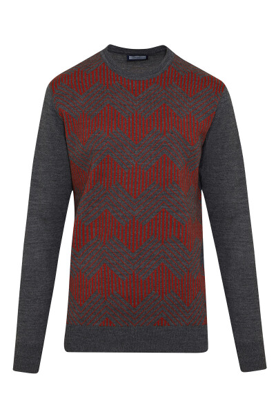 Gri Regular Fit Desenli Bisiklet Yaka Yünlü Kazak - Hatemoğlu