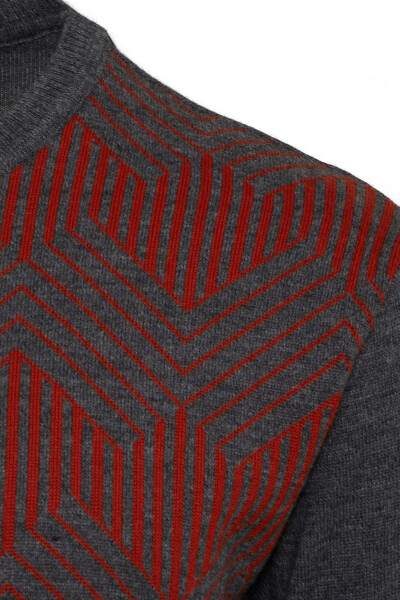 Gri Regular Fit Desenli Bisiklet Yaka Yünlü Kazak - 3