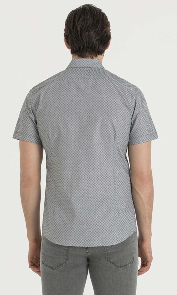 Gri Slim Fit Desenli 100% Pamuk Kısa Kol Spor Gömlek - 5