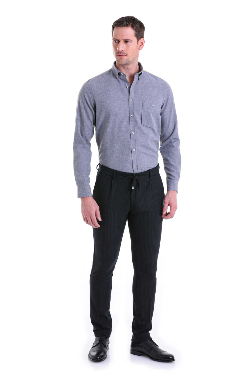 Gri Comfort Fit Düğmeli Yaka Uzun Kollu Casual Flanel Gömlek - HTML (1)