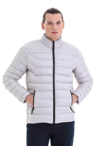 Gri Ekstra Slim Fit Hakim Yaka Şişme Mont 