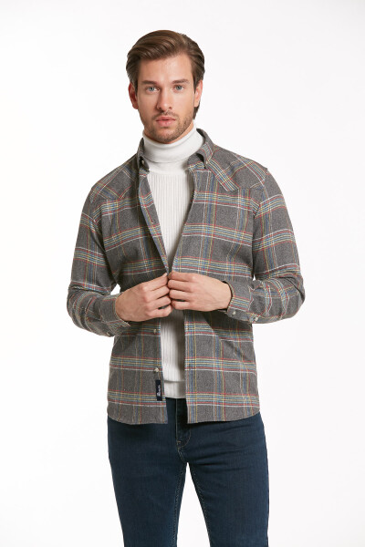 Gri Slim Fit Kareli Düğmeli Yaka Uzun Kollu Casual Flanel Gömlek - 2
