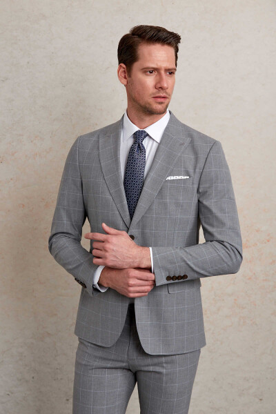Gri Slim Fit Kareli Sivri Yaka Klasik Takım Elbise - 4