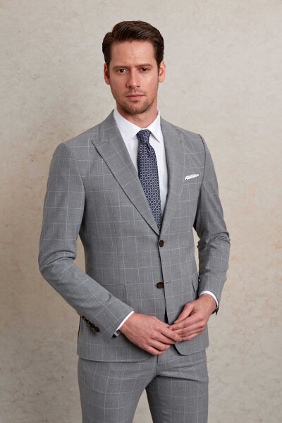 Gri Slim Fit Kareli Sivri Yaka Klasik Takım Elbise - 5