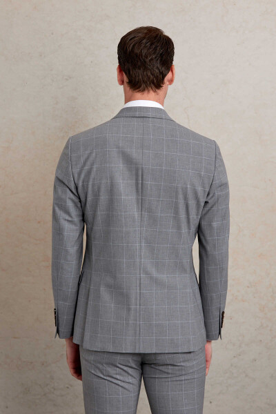 Gri Slim Fit Kareli Sivri Yaka Klasik Takım Elbise - 8