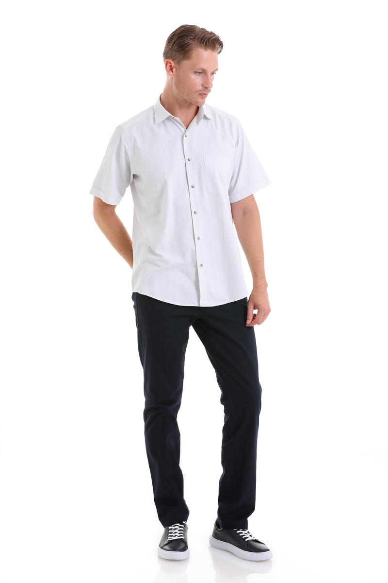 Gri Klasik Fit Çizgili Pamuklu Slim Yaka Kısa Kollu Klasik Gömlek - Hatemoğlu (1)