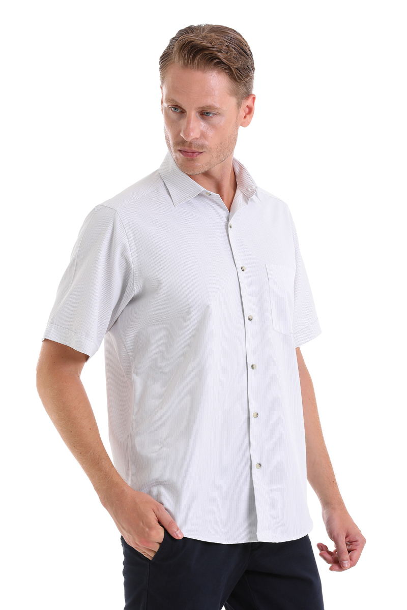 Gri Klasik Fit Çizgili Pamuklu Slim Yaka Kısa Kollu Klasik Gömlek - Hatemoğlu (1)