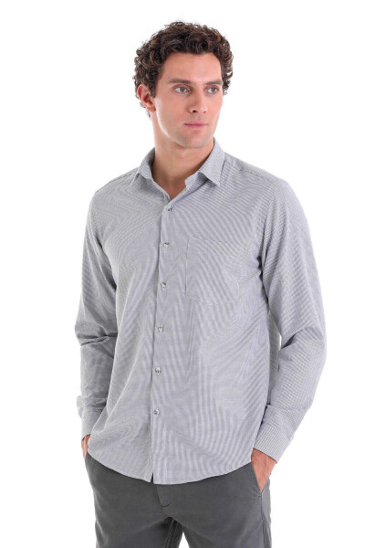 Gri Klasik Fit Desenli Pamuklu Slim Yaka Uzun Kollu Klasik Gömlek - 3