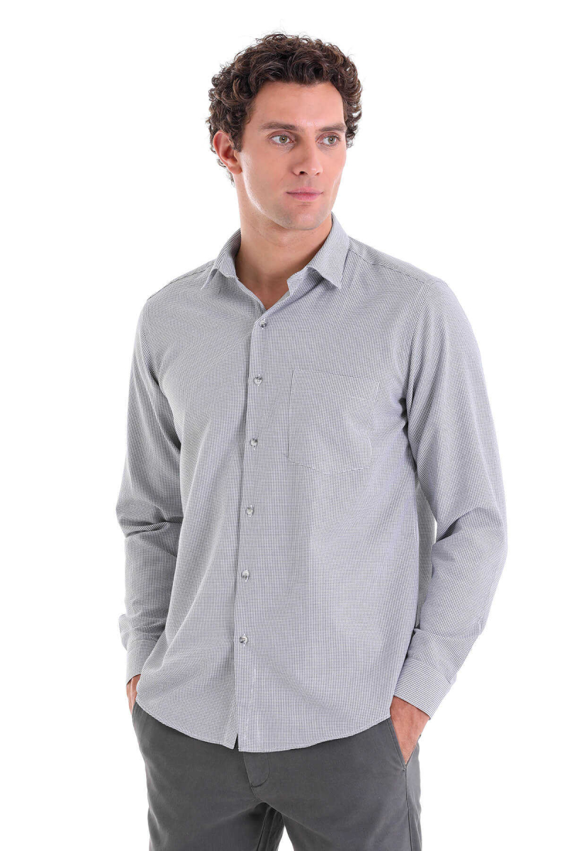 Gri Klasik Fit Desenli Pamuklu Slim Yaka Uzun Kollu Klasik Gömlek - Hatemoğlu (1)