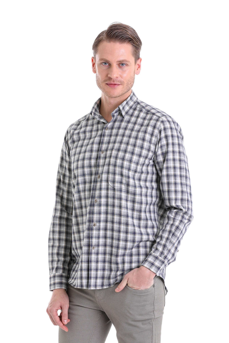 Gri Klasik Fit Kareli Slim Yaka Uzun Kollu Casual Flanel Gömlek - HTML
