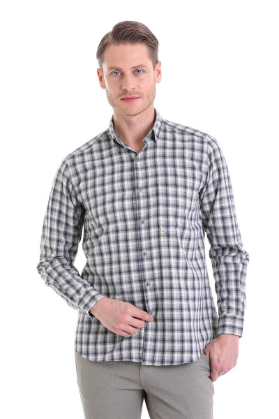 Gri Klasik Fit Kareli Slim Yaka Uzun Kollu Casual Flanel Gömlek - 2