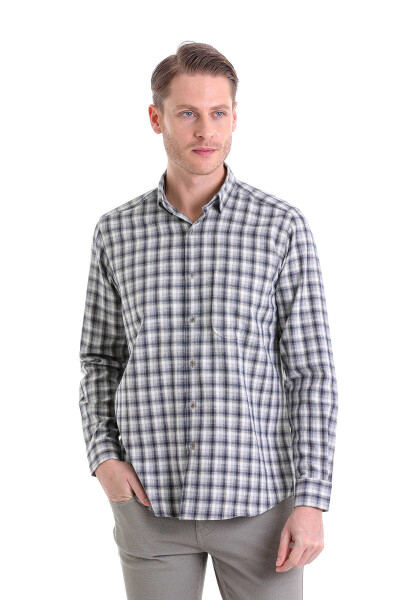 Gri Klasik Fit Kareli Slim Yaka Uzun Kollu Casual Flanel Gömlek - 3