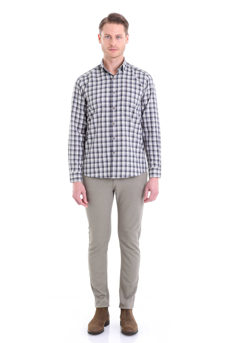 Gri Klasik Fit Kareli Slim Yaka Uzun Kollu Casual Flanel Gömlek - HTML (1)