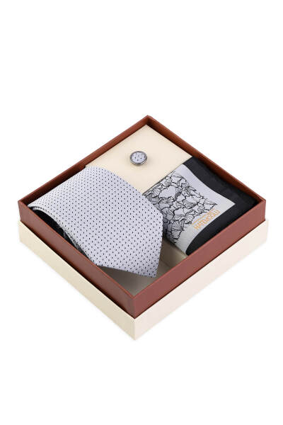 Gri Kravat Mendil ve Yaka Rozeti 3'lü Set 