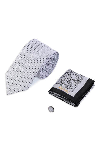 Gri Kravat Mendil ve Yaka Rozeti 3'lü Set - 3