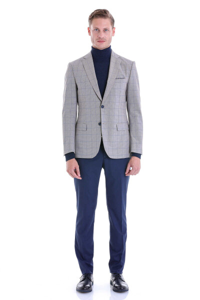 Gri Slim Fit Kareli Mono Yaka Casual Takım Elbise - 2